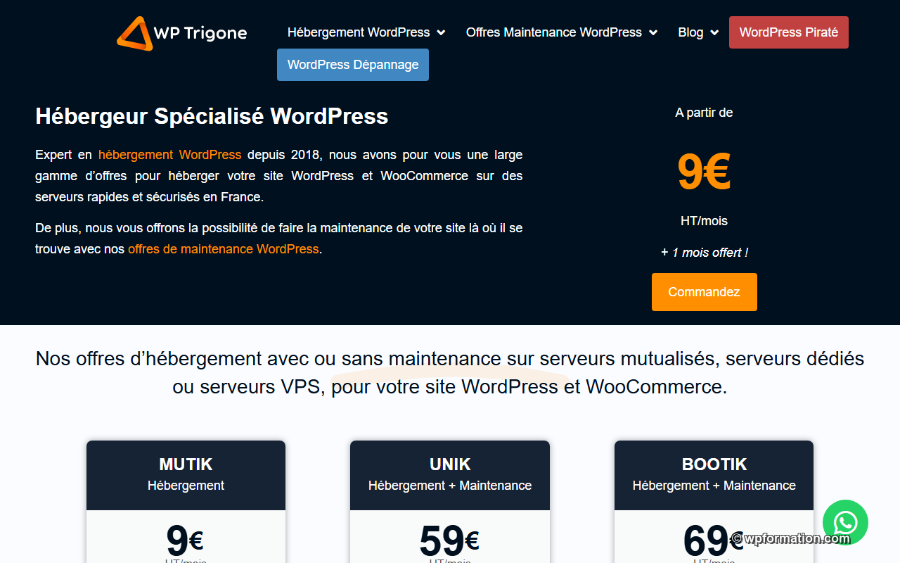 Page d'accueil WP Trigone hébergeur spécialisé WordPress français : offres Mutik, Unik et Bootik