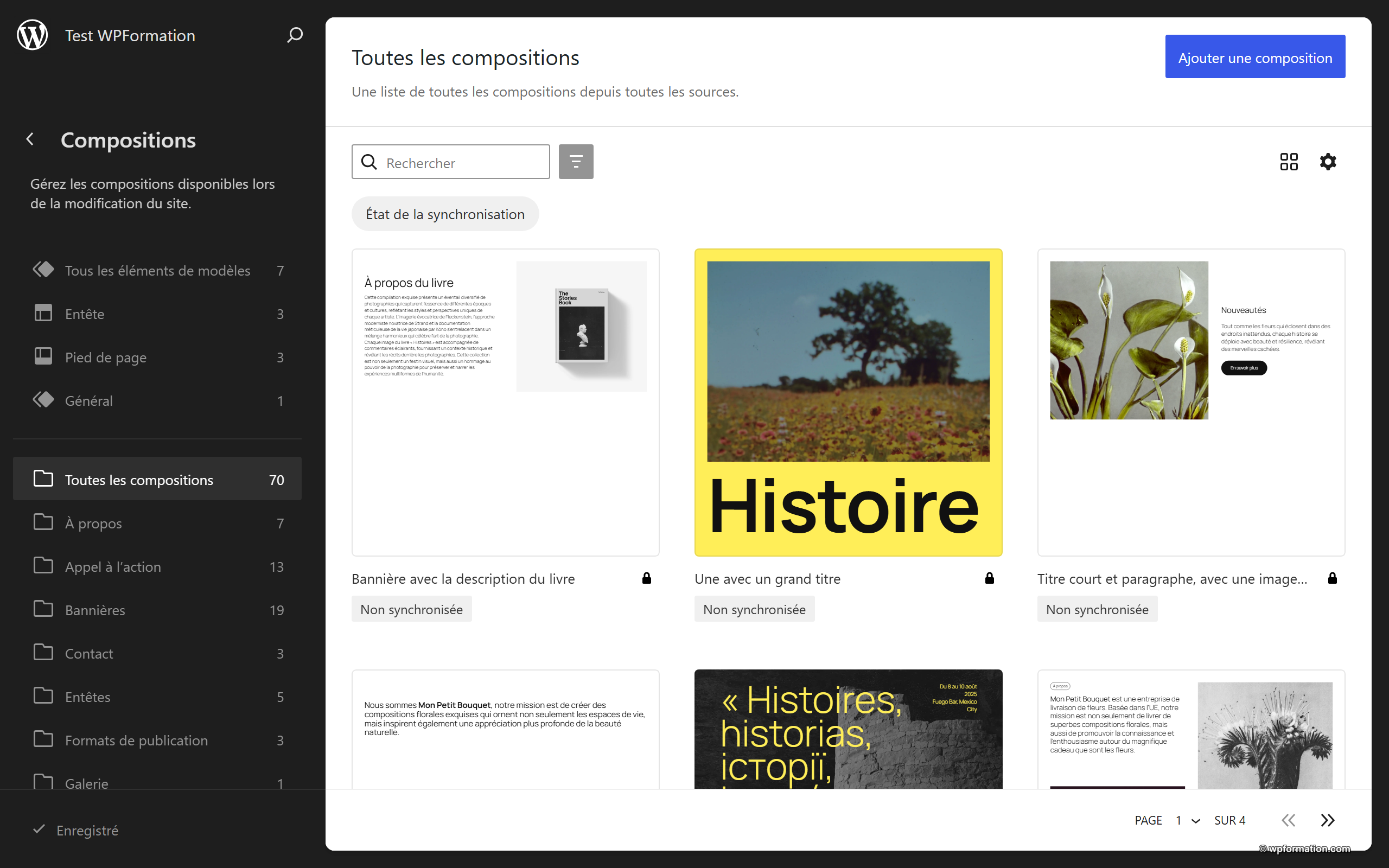 Gestionnaire de compositions WordPress 7.0 avec aperçu visuel des patterns et catégories dans l'éditeur de site FSE