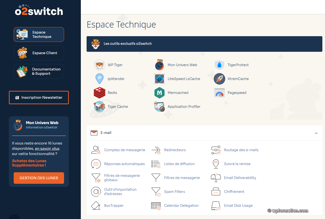 Capture de l'espace technique O2switch montrant les outils exclusifs WP Tiger, TigerProtect, ipXtender, LiteSpeed LSCache, XtremCache, Redis, Memcached, Pagespeed, Tiger Cache, Application Profiler